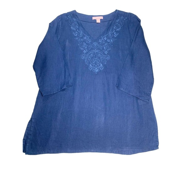 Saint Tropez West Tops - Saint Tropez West 100% Linen Tunic Top Large Blue Lagenlook Coastal Blouse L